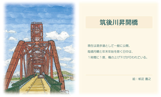 現在は遊歩道として一般に公開。毎週月曜と年末年始を除く日中は、1時間に1度、橋の上げ下げが行われている。